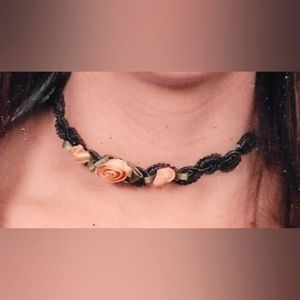90s Choker, Green Crochet with Roses